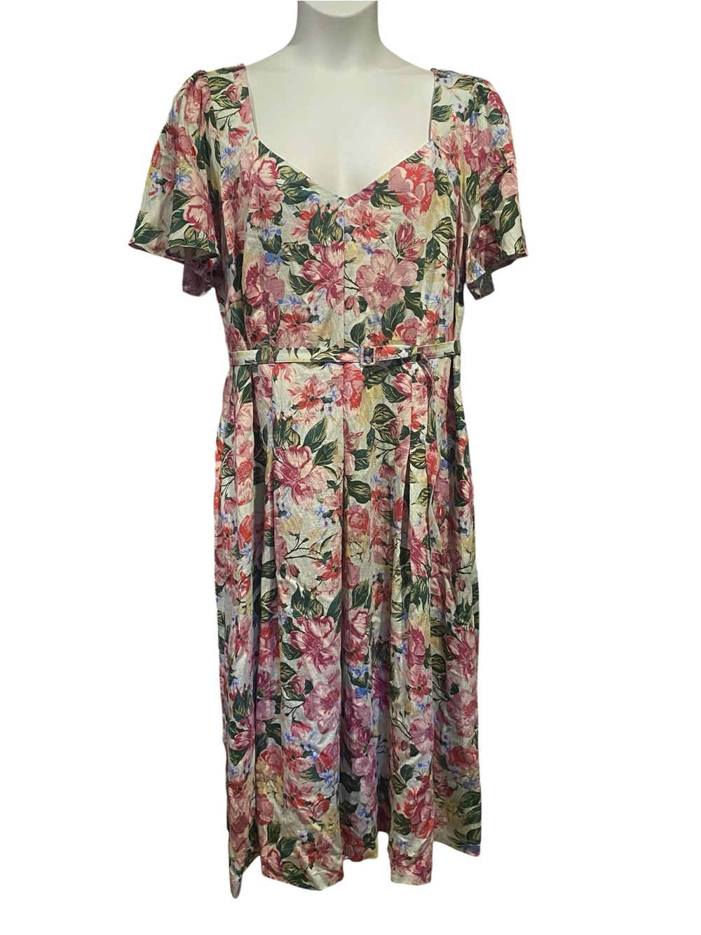A New Day Womens Belted Midi Dress Pink Green Floral Plus Size 18 NWT Boho Chic